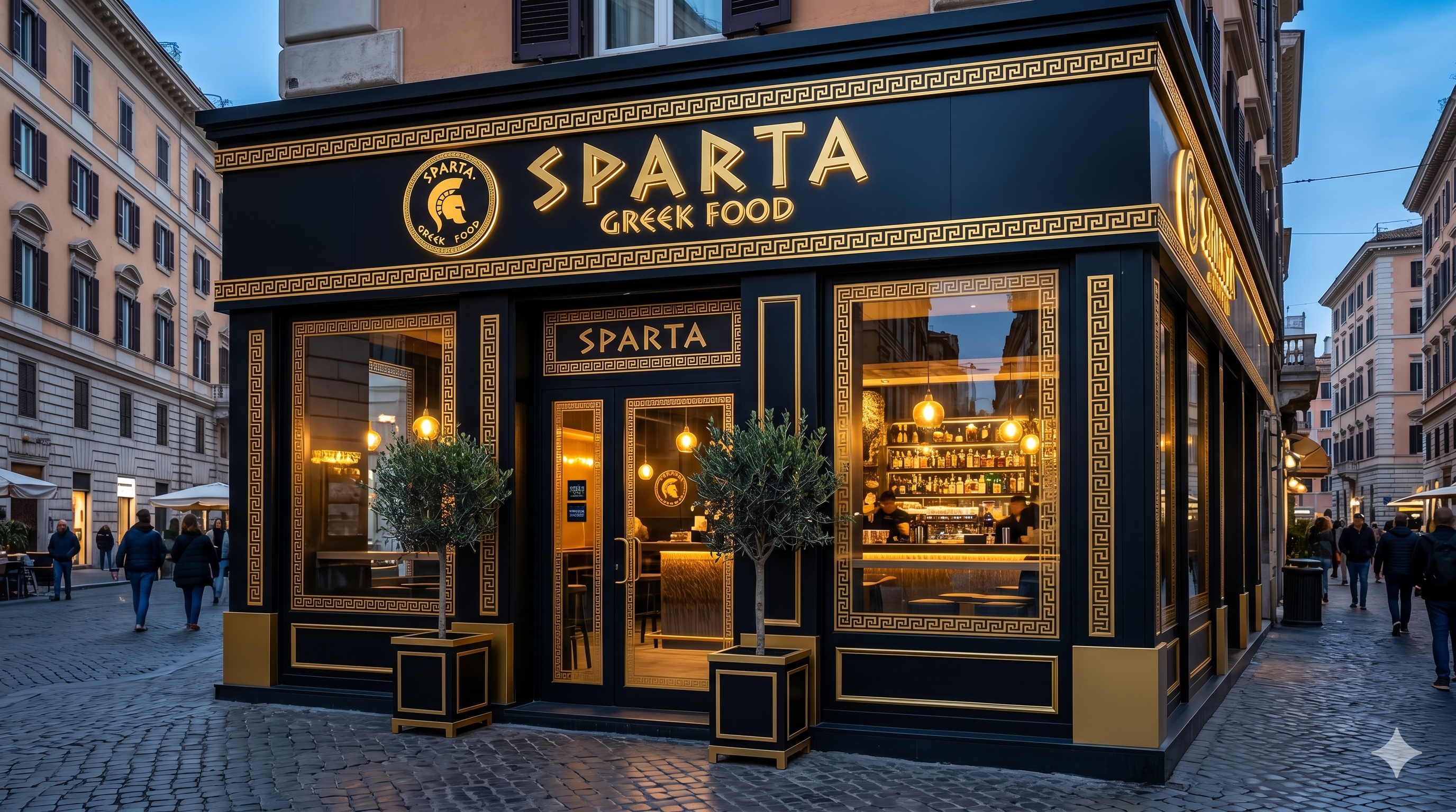 Insegna esterna Sparta Greek Food — locale illuminato di sera a Roma