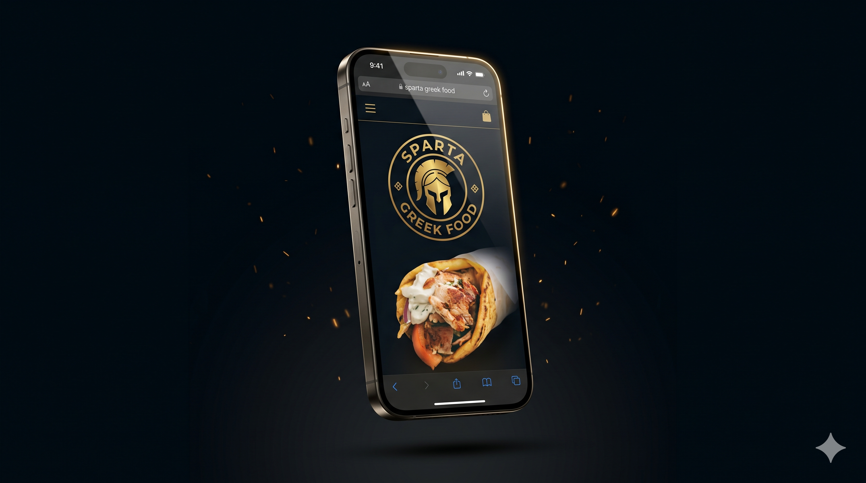 Mockup iPhone con l'app Sparta Greek Food per ordinare online