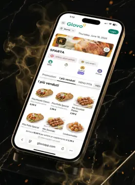 Mockup iPhone con l'app Sparta Greek Food per ordinare online