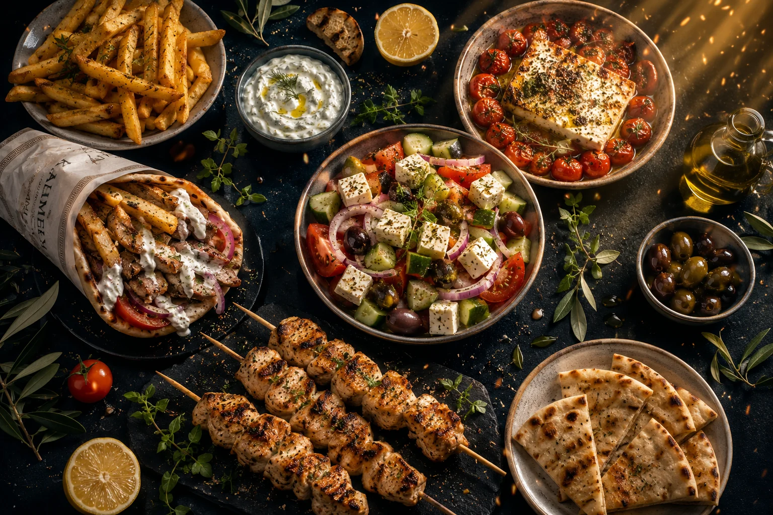 Selezione di piatti greci Sparta — pita, souvlaki, insalata greca, tzatziki