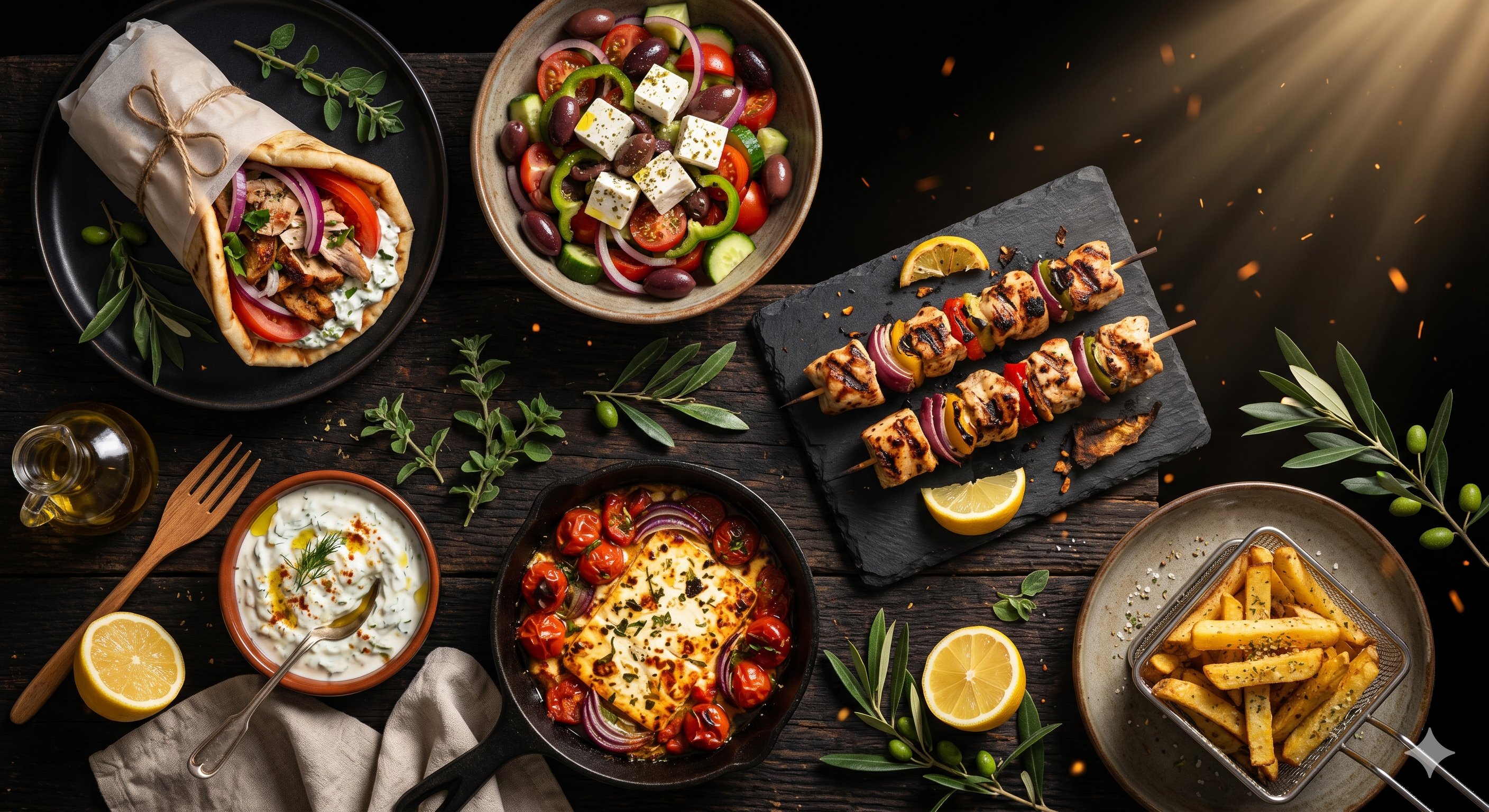 Sparta Greek Food — Selezione di piatti greci tradizionali: pita, souvlaki, insalata greca
